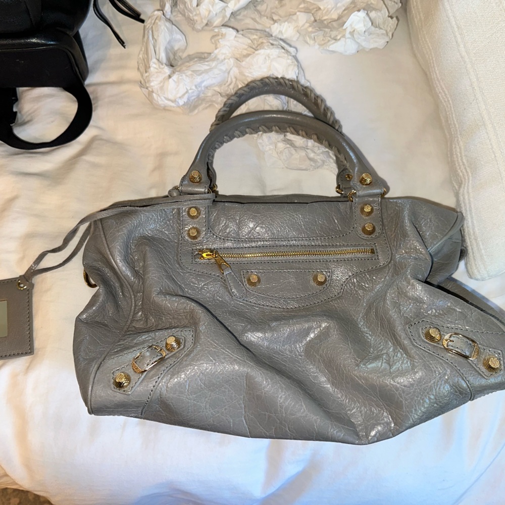 Balenciaga city bag gray with gold hardware.